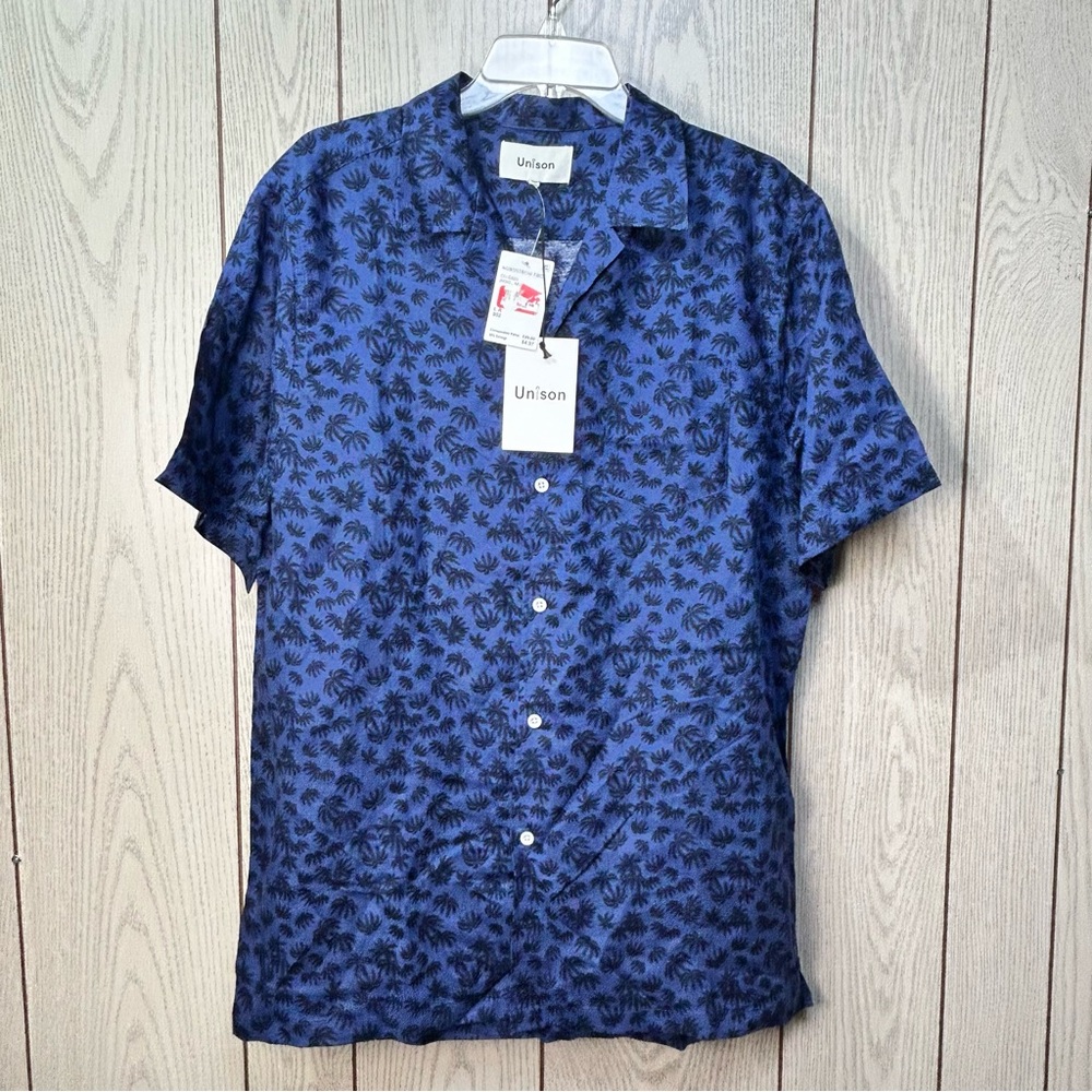 Create Unison Men L Indigo Short Sleeve Button Linen Blend Shirt Palm Tree New